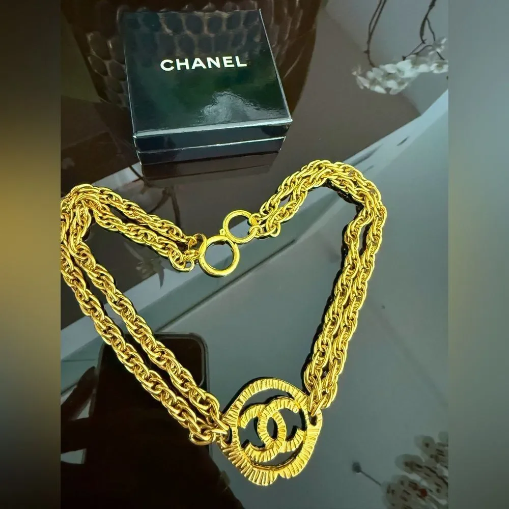 CHANEL Gold-Tone Double Chain CC Logo Necklace